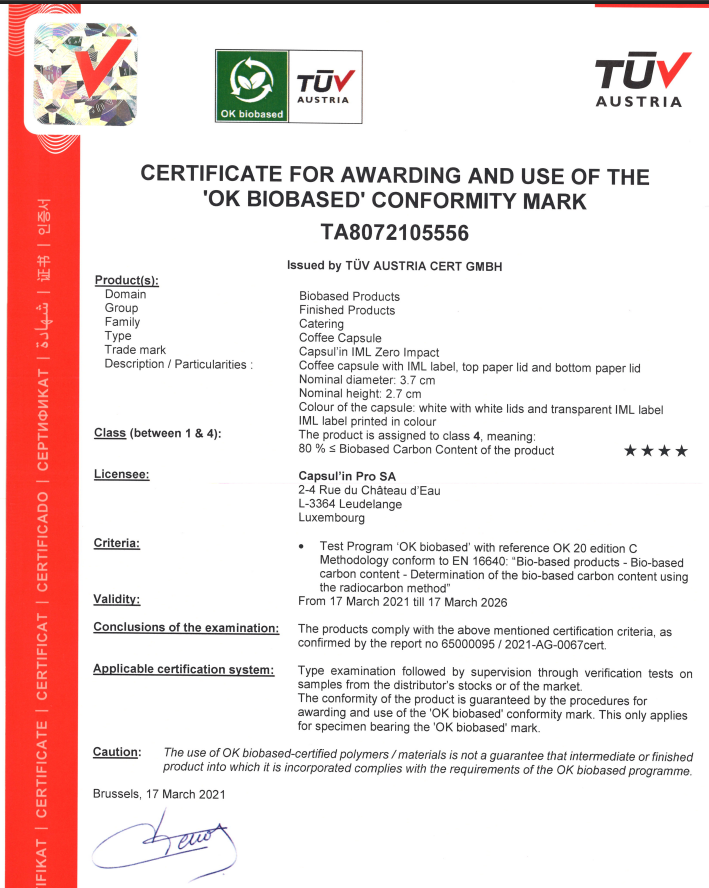 F zin Aromatico | Certificate for awarding and use of the 'OK Biobased' conformity mark from TÜV Austria