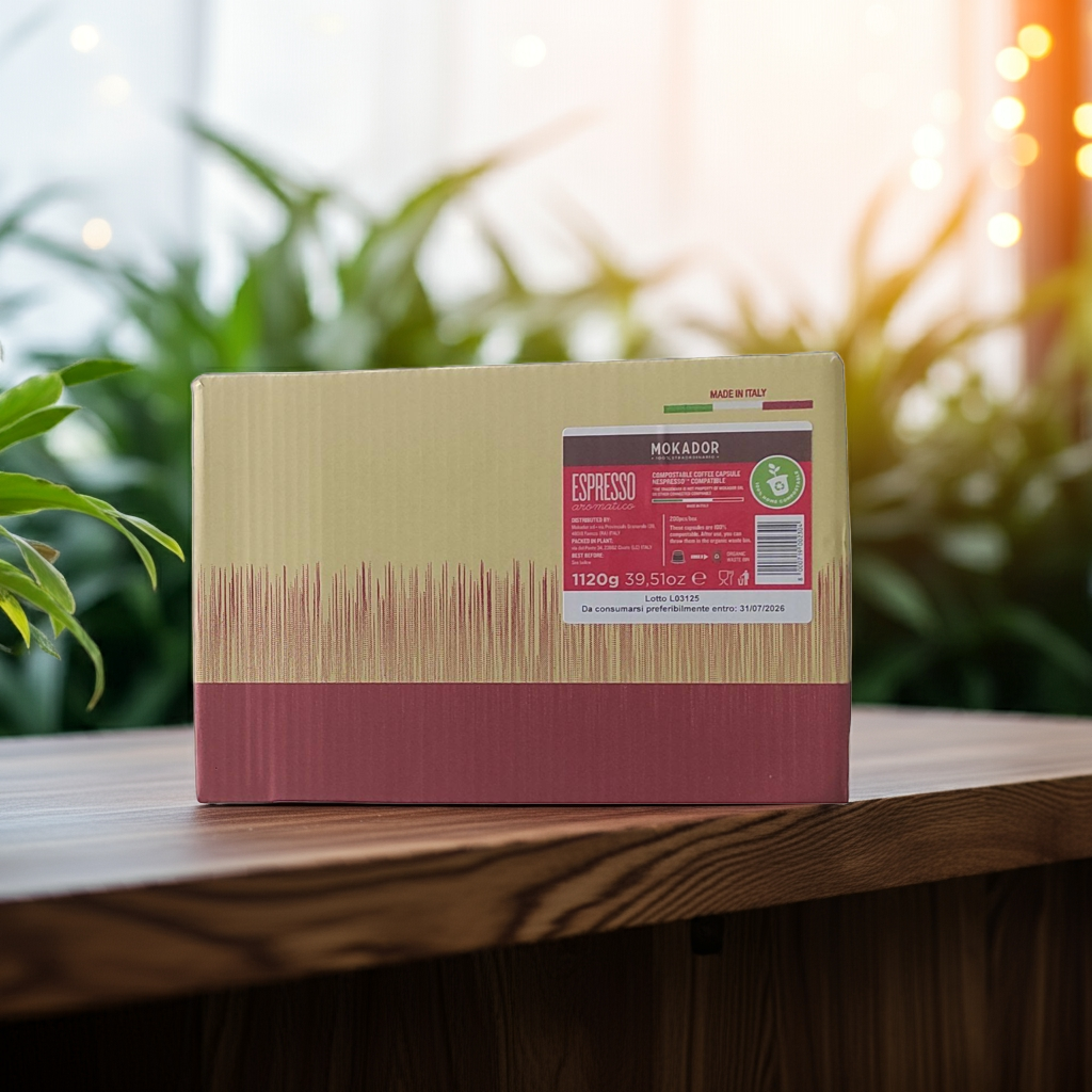 Compostable capsules box with a label on a wooden surface with plants in the background