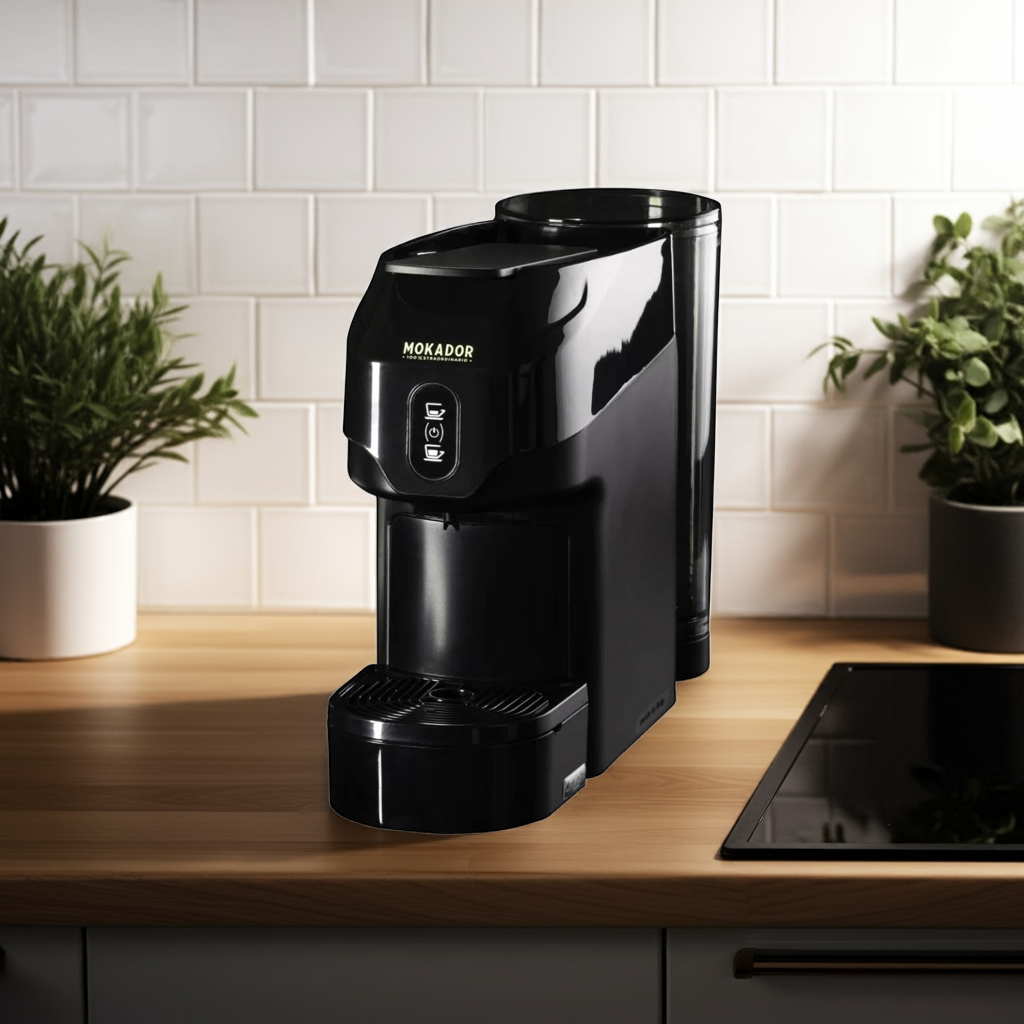 Black italian coffee machine on a wooden countertop with a tiled wall and plants in the background