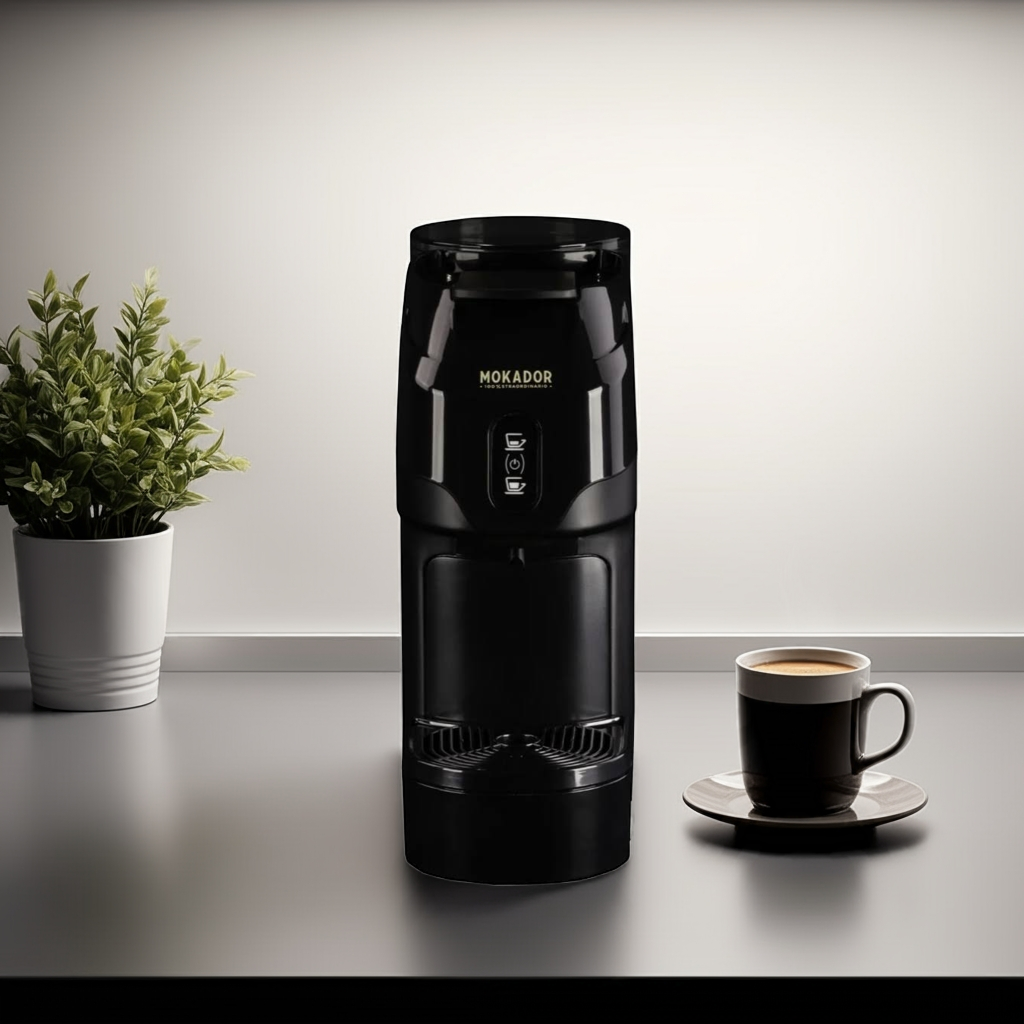Black coffee maker with a cup of coffee on a light surface next to a plant
