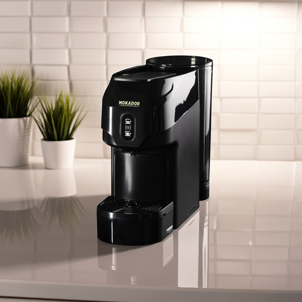 Black luxury coffee maker on a kitchen counter with plants in the background