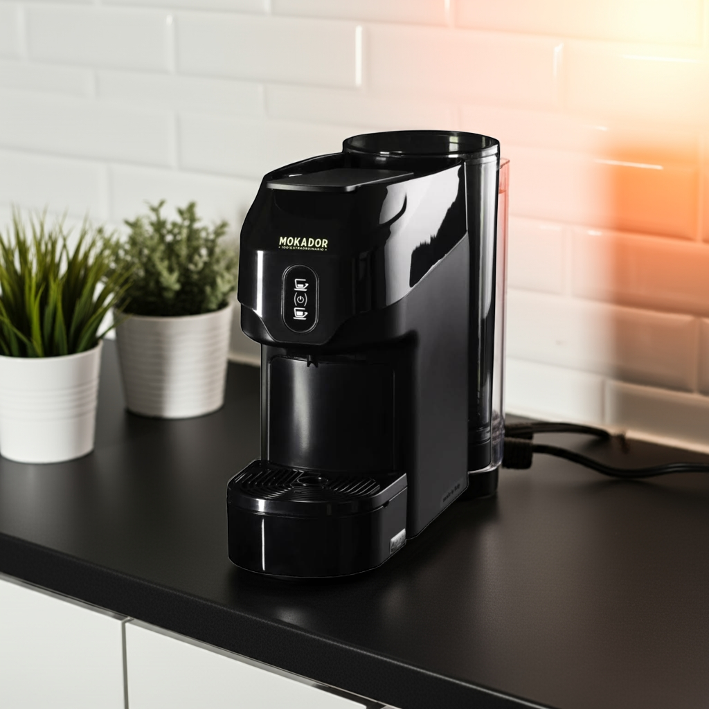 Black luxury coffee machine on a kitchen counter with plants in the background