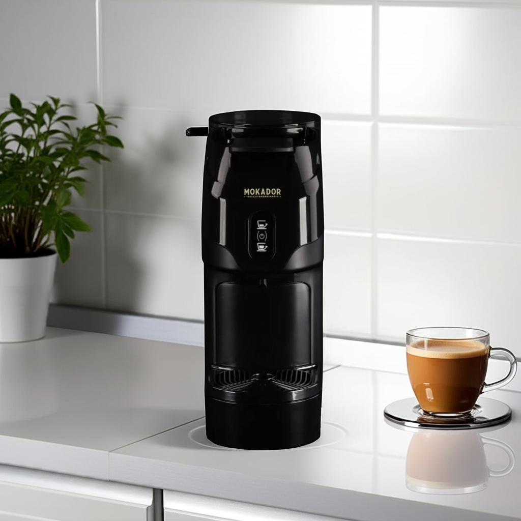 Black MOKADOR coffee machine on a kitchen counter with a cup of coffee nearby.
