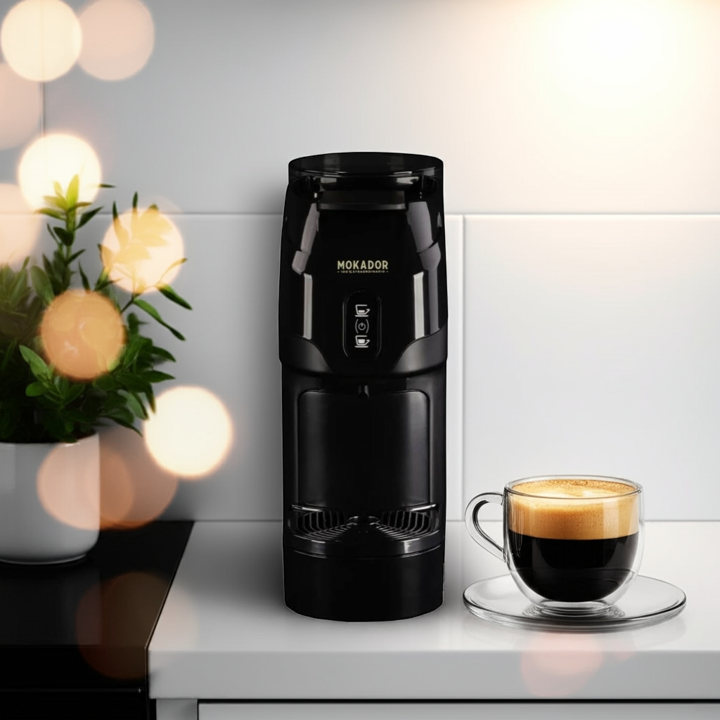 Black MOKADOR coffee maker on a kitchen counter with a cup of coffee.