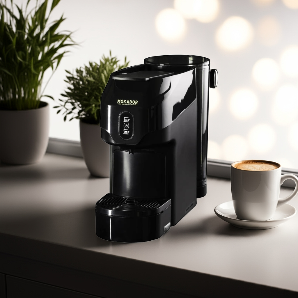 Black Mokador coffee machine on a white countertop with a cup of coffee and plants in the background.