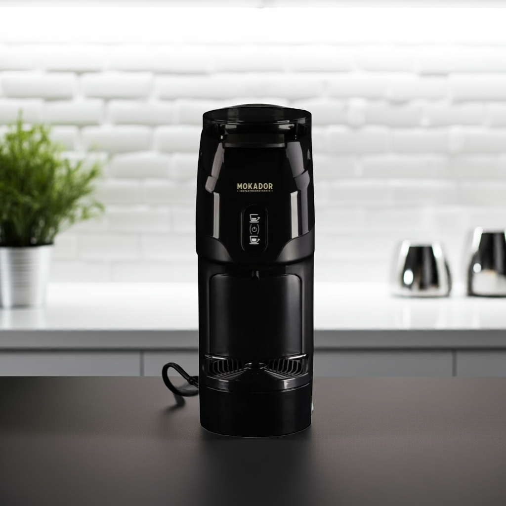 Black Mokador coffee maker on a kitchen counter with a blurred background