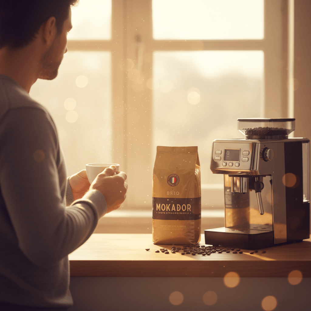 Man holding a coffee cup with a Brio coffee beans with a steaming cup of coffee on a wooden table Fzin Coffee.