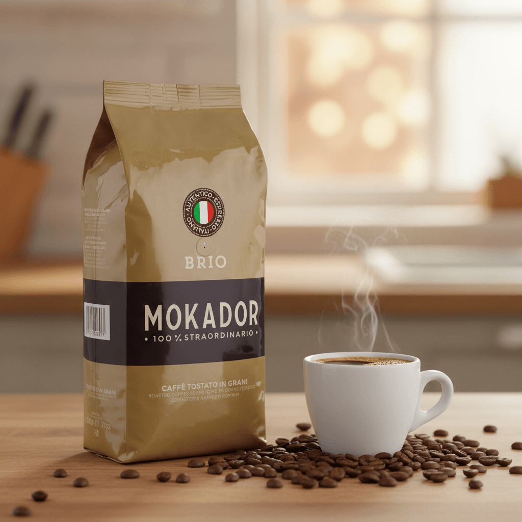 Brio coffee beans with a steaming cup of coffee on a wooden table Fzin Coffee
