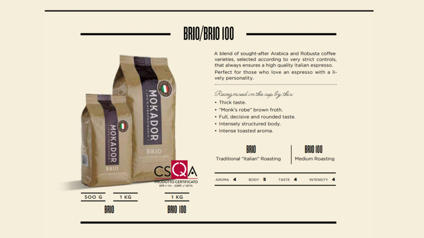 Fzin Coffee – Brio Mokador coffee beans 1kg, intense Italian espresso blend with 60% Arabica and 40% Robusta, offered by Fzin for cafés and hospitality
