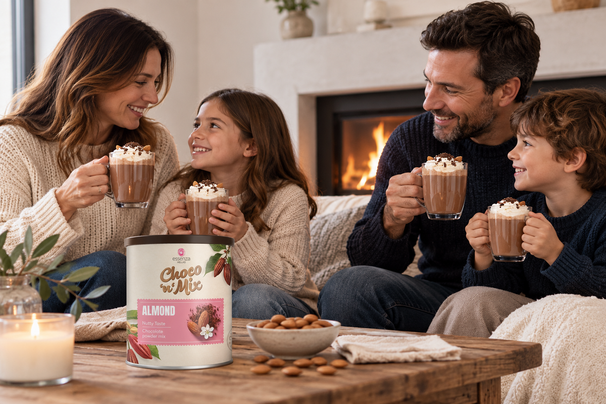 Family enjoying almond palm oil free hot chocolate by the fireplace, with the 500g pack and almonds on the table. Buy online in Ireland Fzin Coffee