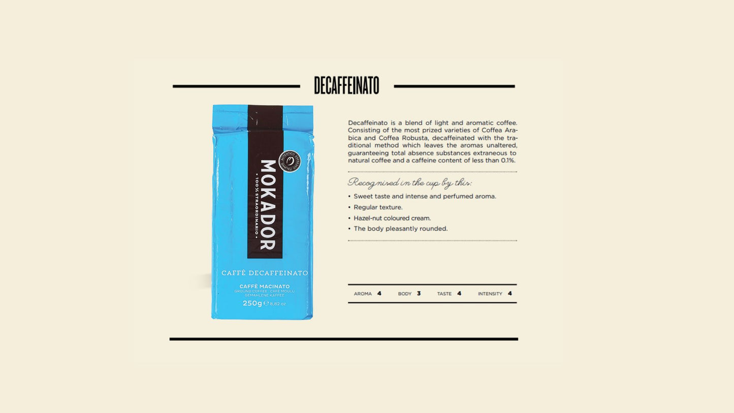 Premium decaffeinated ground coffee blend of Arabica and Robusta for rich espresso. Available in Cork, Dublin, and across Ireland. Store airtight to preserve flavour. Fzin Ireland.