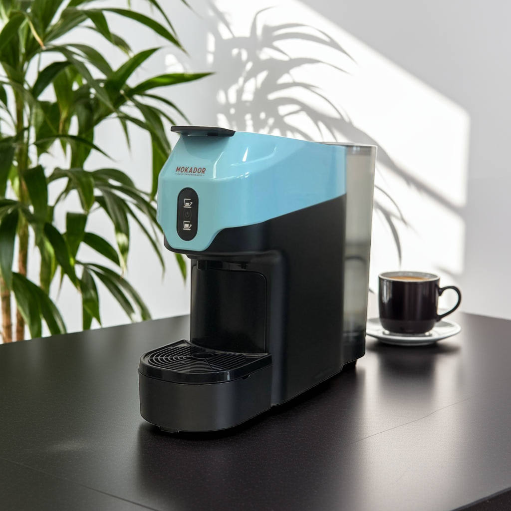 Black and blue Mokador coffee machine on a table with a cup of coffee and plant in the background