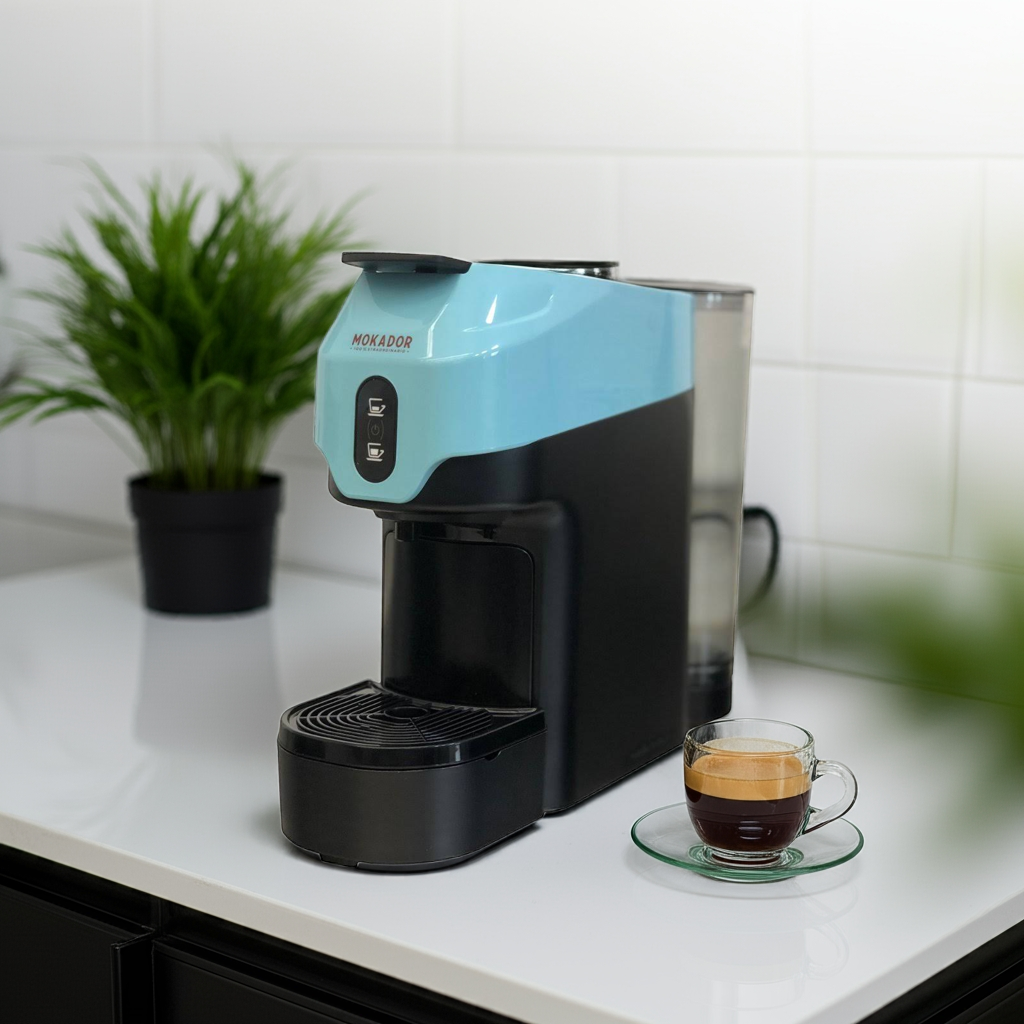 Turquoise and black Mokador coffee machine on a kitchen counter with a cup of coffee.