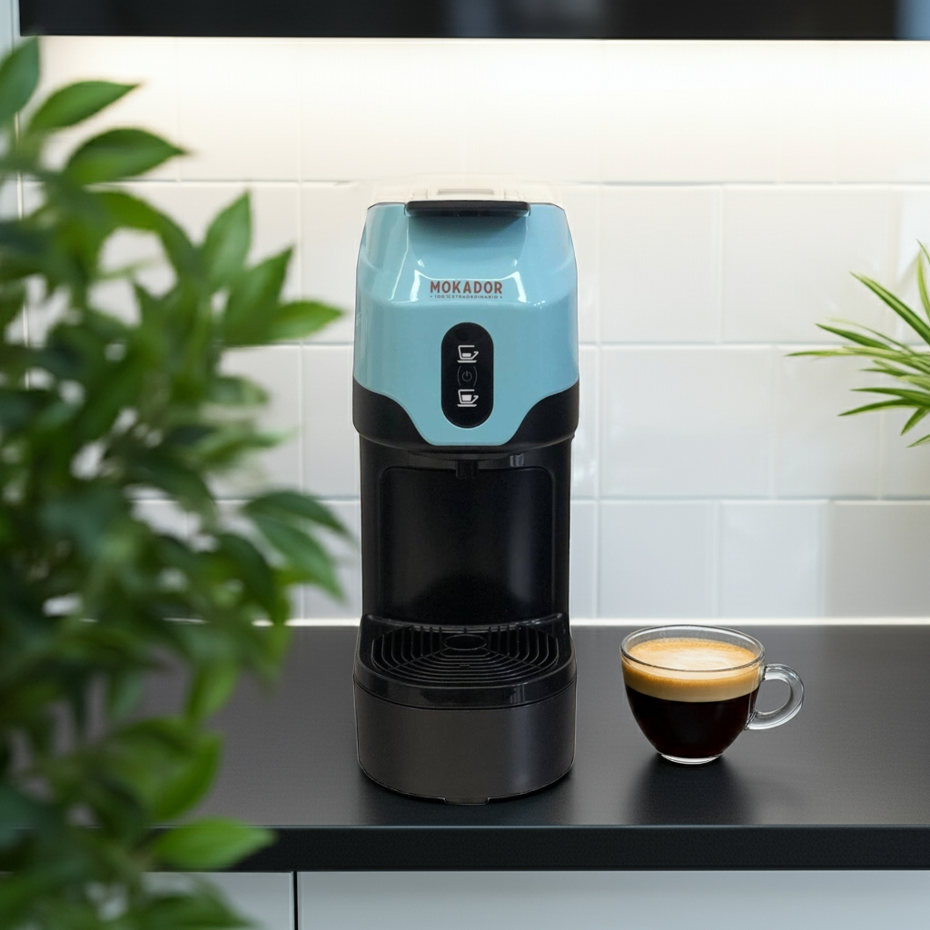 Mokador coffee machine on a kitchen counter with a cup of coffee and plants in the background.