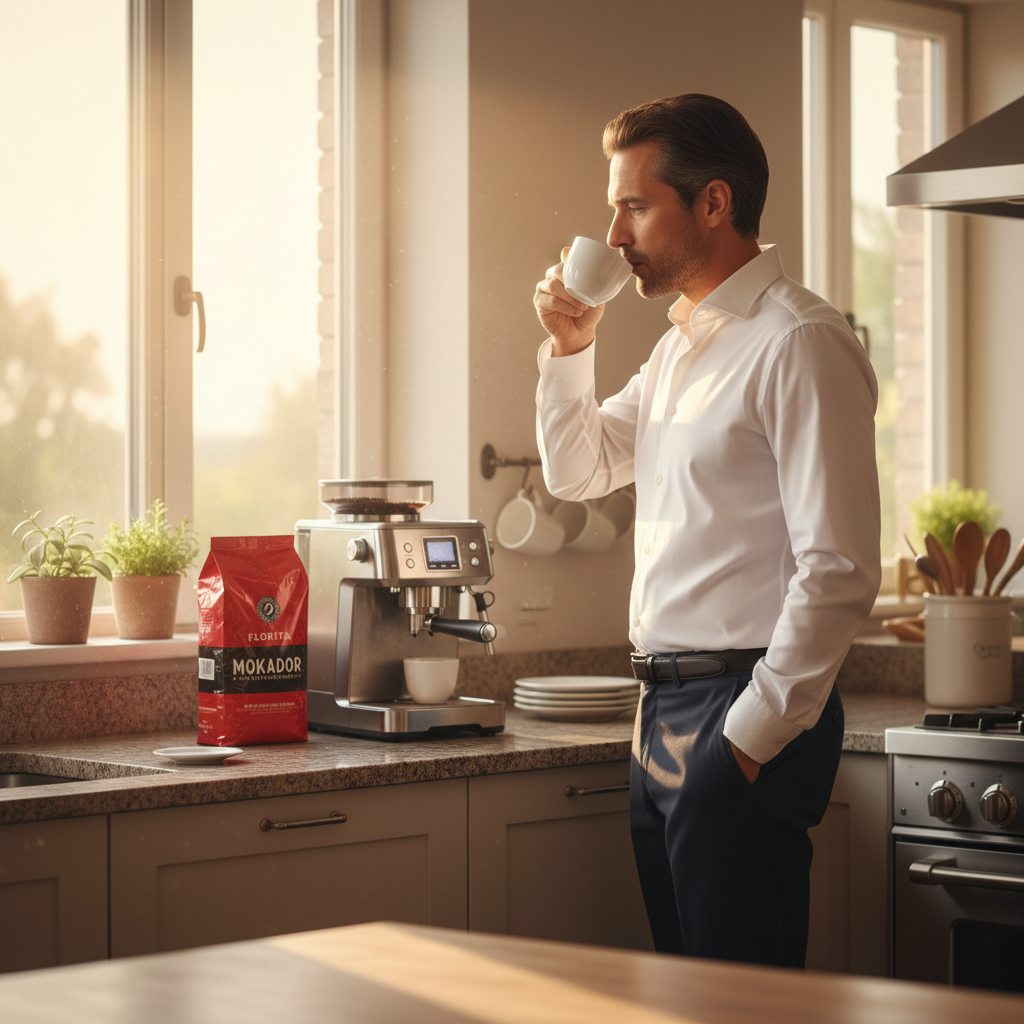 Man drinking coffee in a kitchen with Mokador Florita coffee beans and espresso machine.