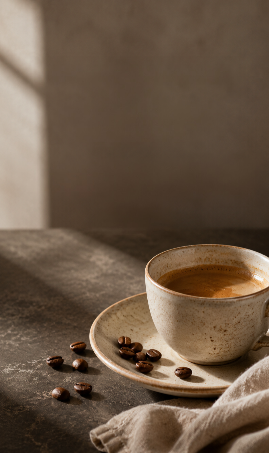 A ceramic coffee cup filled with espresso sits on a matching saucer on a dark tabletop, with scattered coffee beans and a folded cloth in warm natural light.