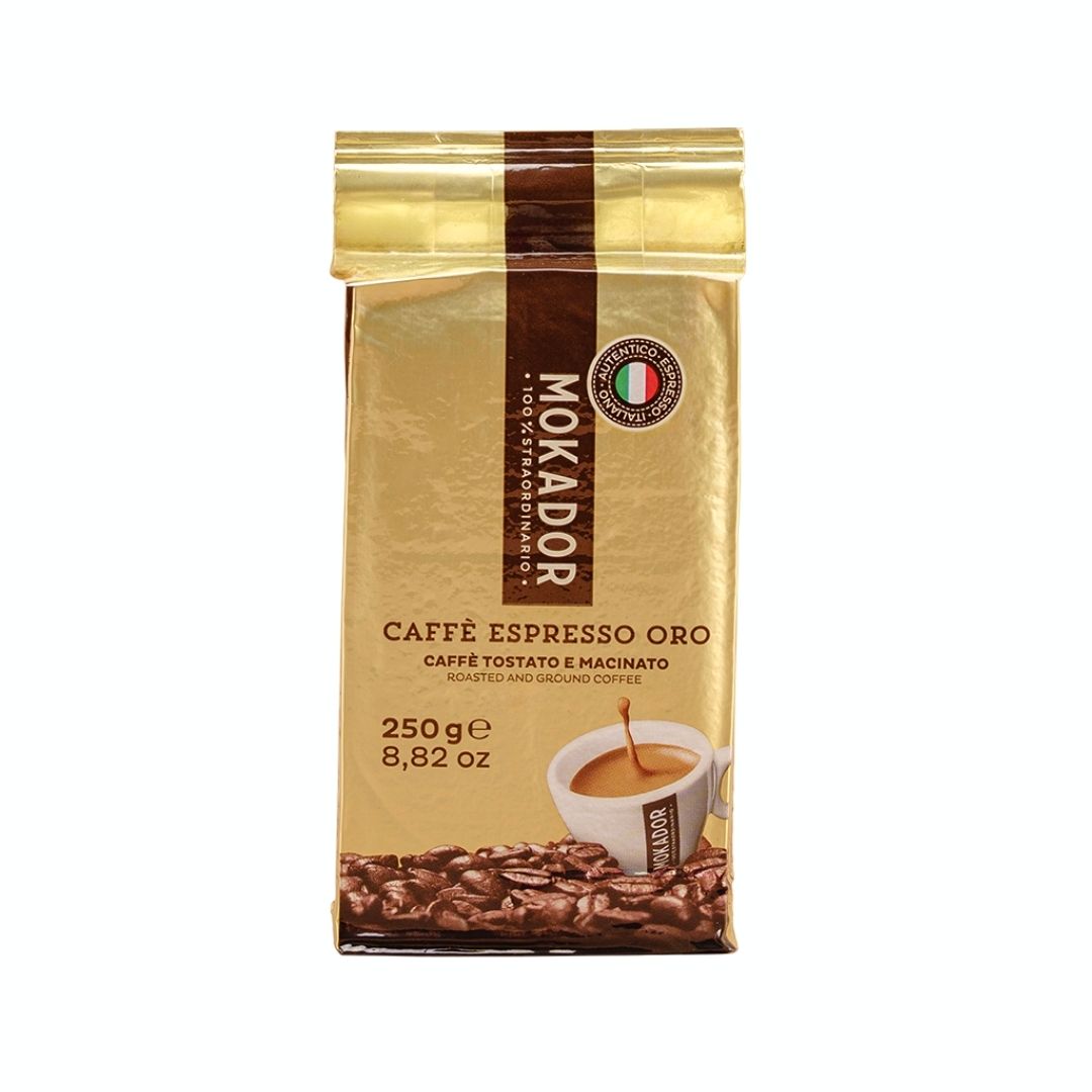 Mokador Caffè Espresso Oro coffee package on a white background. Shop online in Ireland Fzin Coffee