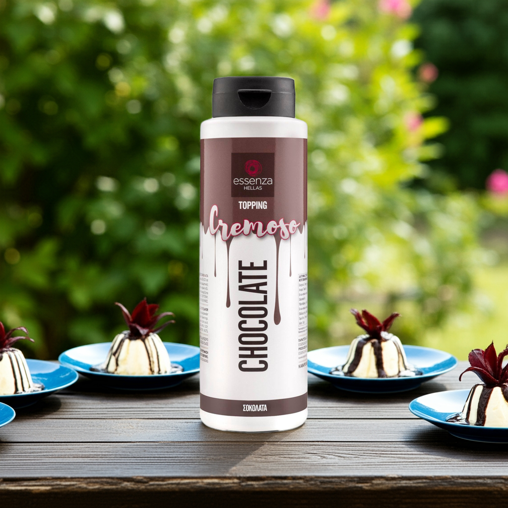 Bottle of essenza hellas chocolate cream topping with desserts in the background