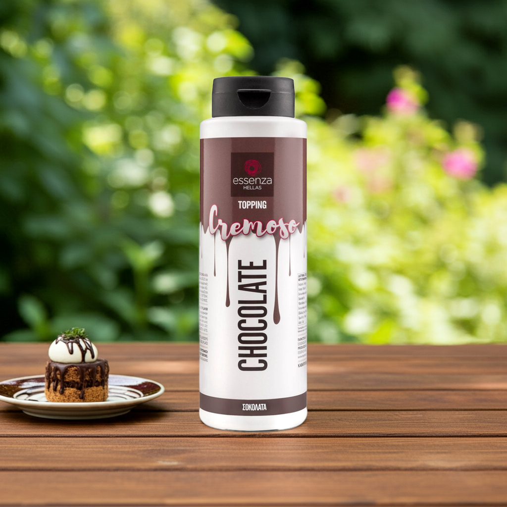 Chocolate topping canister with a dessert on a wooden table outdoors
