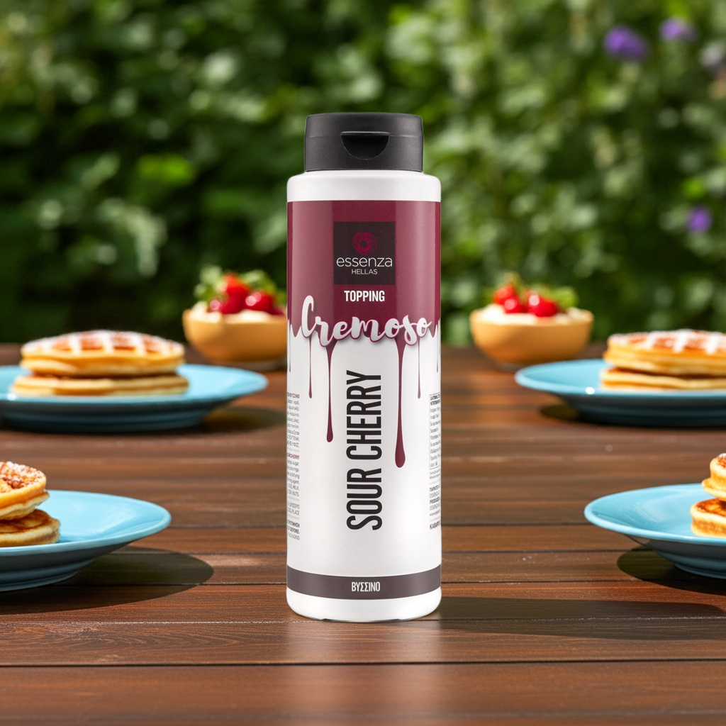 Bottle of essenza our cherry topping on a wooden table with waffles and berries in the background