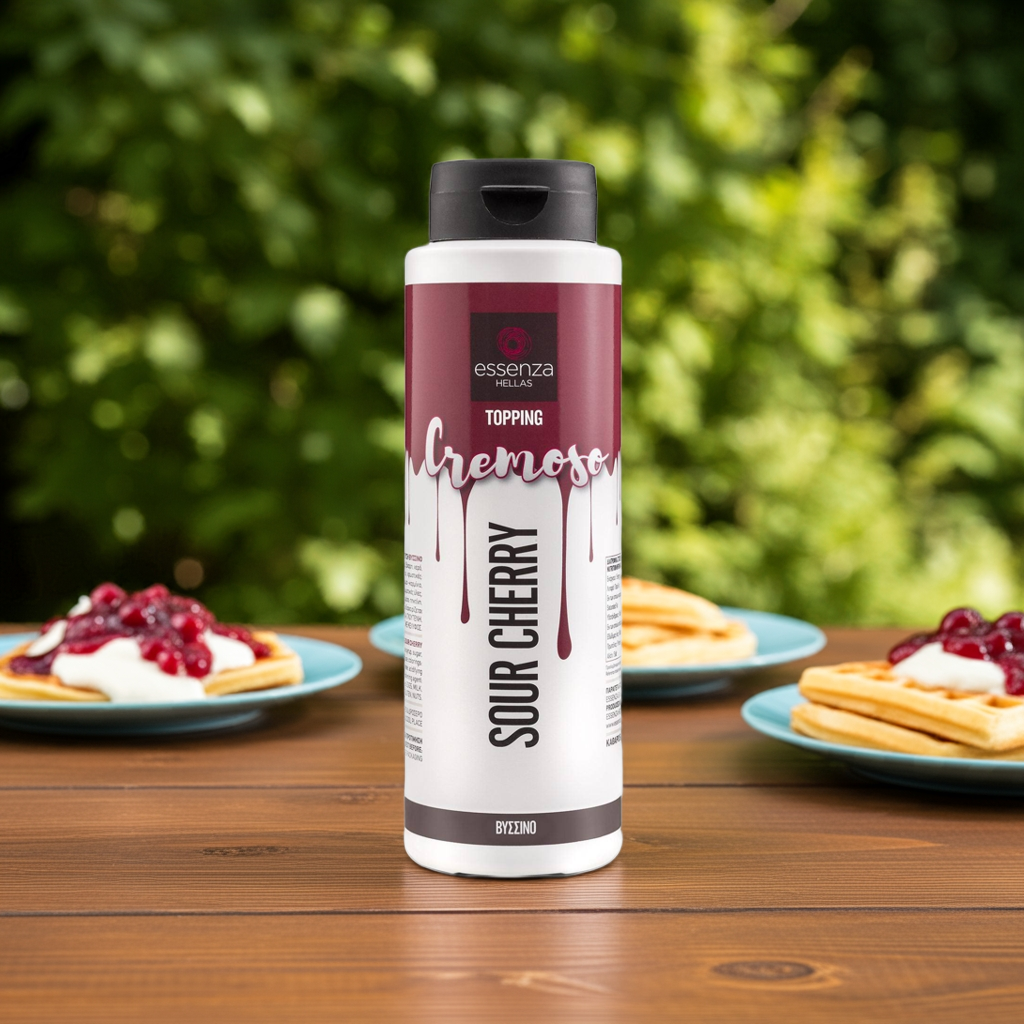 Bottle of essenza Sour Cherry topping with waffles and berries on a wooden table.