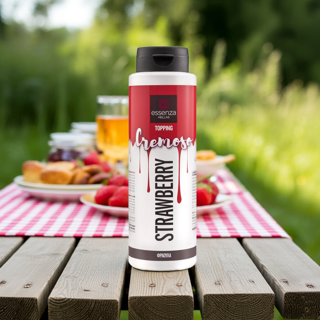 Strawberry topping bottle on a wooden table with a picnic setting in the background
