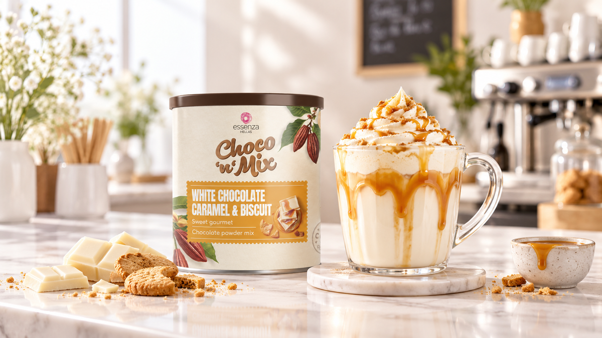 Hot white chocolate caramel and biscuit hot chocolate beside its product pack. Cafe service ingulgent hot chocolate with caramel Buy online in Ireland at Fzin Coffee