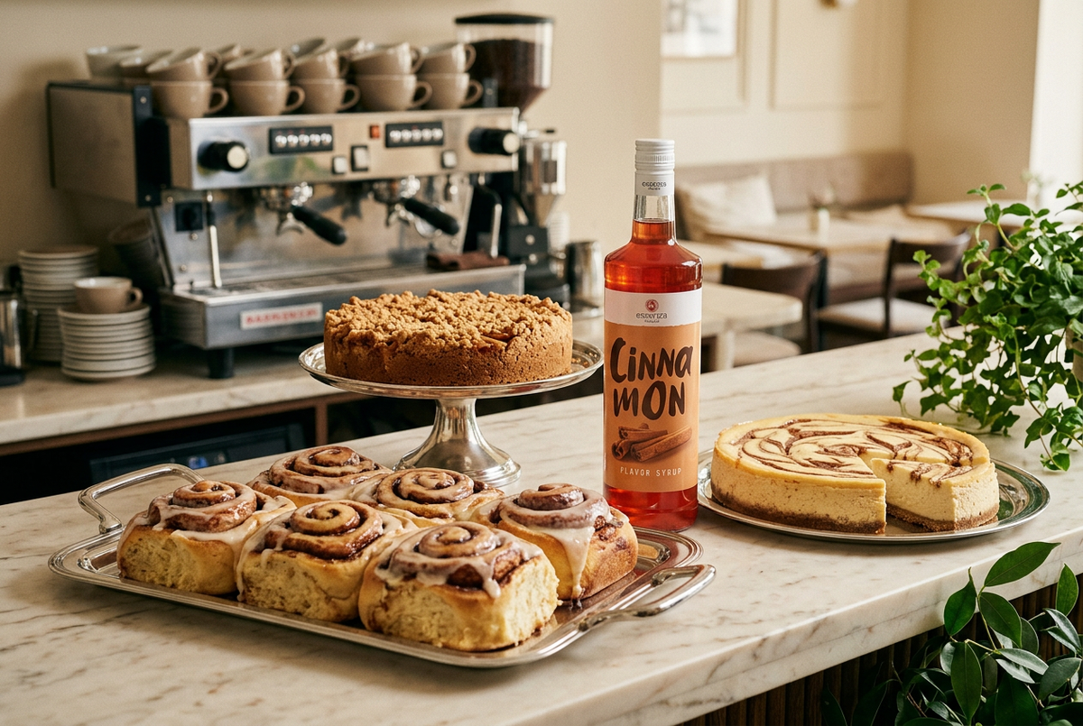 Cinnamon coffee palm oil free syrup beside cinnamon buns and desserts on a luxury café counter. Buy online in Ireland Fzin Coffee