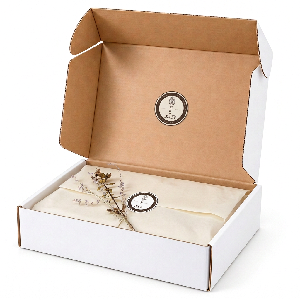 Fzin Coffee Gift Box with cream tissue, dried sprigs and small Fzin Coffee logo stickers on the tissue and inside the lid. Buy online in Ireland at Fzin Coffee.