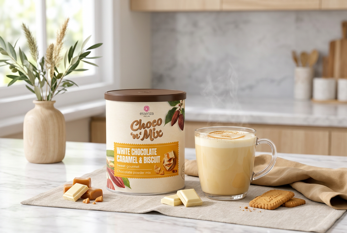 Hot white chocolate caramel and biscuit hot chocolate beside its product pack. Buy online in Ireland at Fzin Coffee