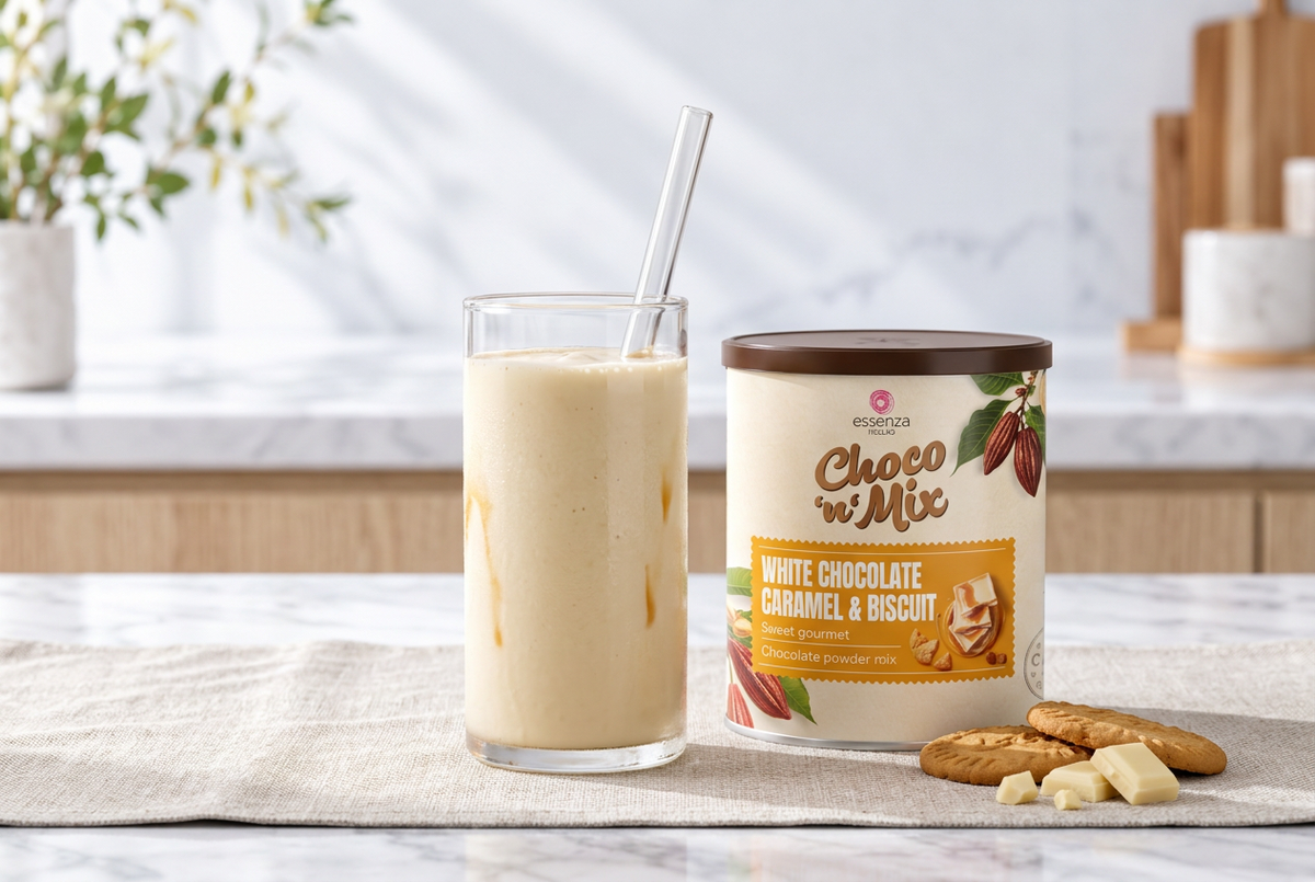 White chocolate caramel and biscuit drink with a thick smoothie consistency. Hot white chocolate caramel and biscuit hot chocolate palm oil free beside its product pack. Buy online in Ireland at Fzin Coffee