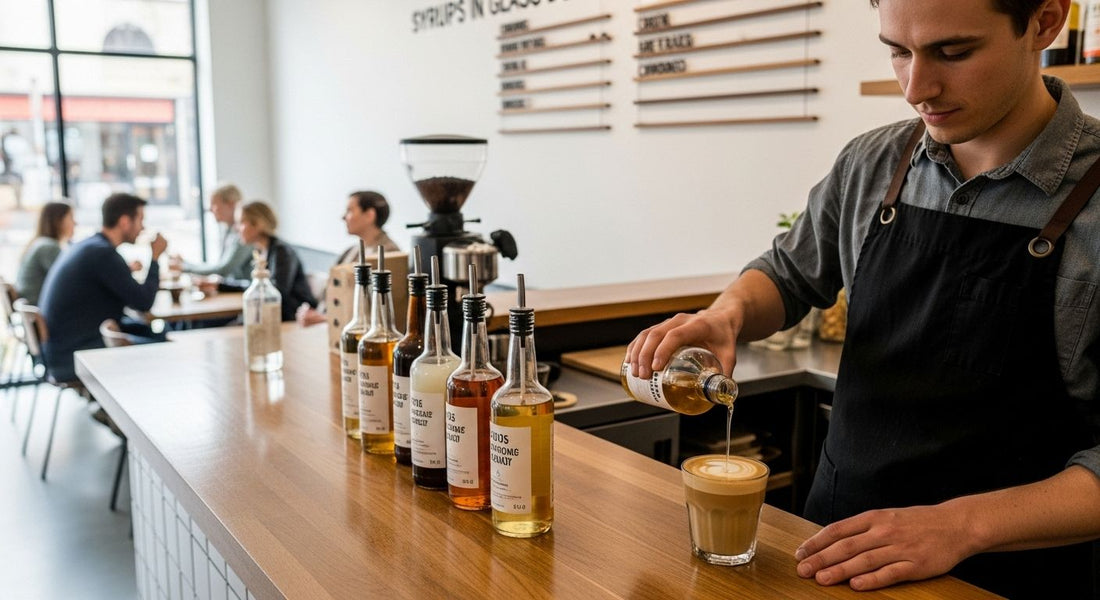 Why Glass Bottles For Coffee Syrups Are the Greener Choice at a modern café with syrup options.