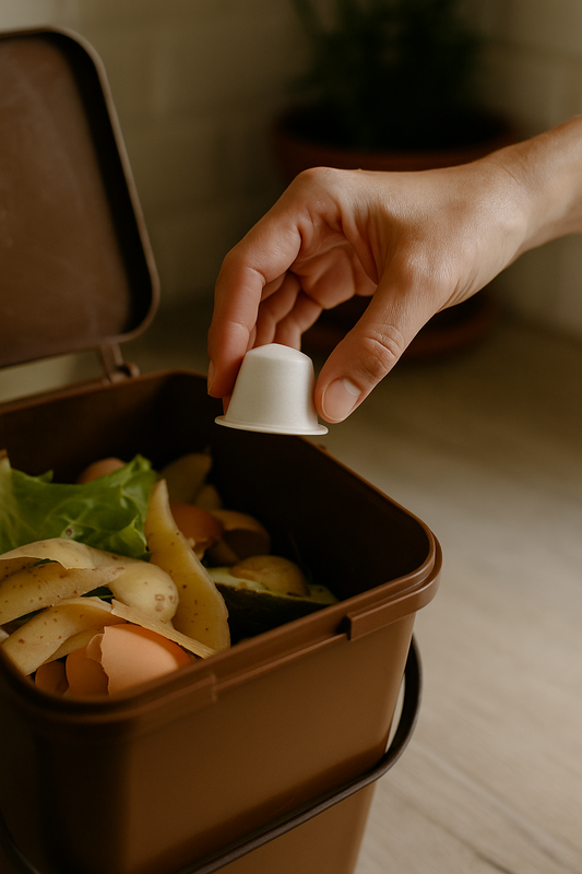 Fzin Ireland | hand throwing compostable coffee capsule in food bin