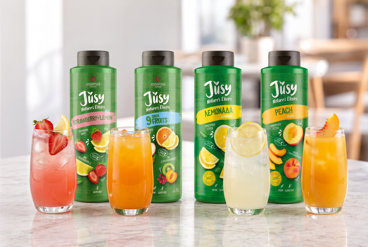 Jusy Strawberry Lemon, Mixed Fruit, Lemon and Peach bottles with chilled fruit drinks in a bright marble café. Buy at Fzin Coffee