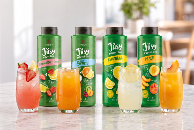Jusy Strawberry Lemon, Mixed Fruit, Lemon and Peach bottles with chilled fruit drinks in a bright marble café. Buy at Fzin Coffee