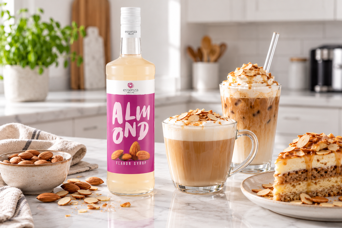 Almond coffee syrup palm oil free standing in a kitchen next to almond drinks and almond cake. Buy online in Ireland at Fzin Coffee