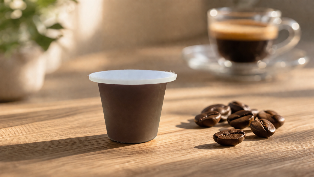 Home compostable Coffee pod on a wooden surface with coffee beans Fzin Coffee
