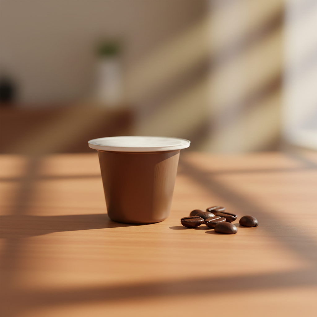 Fzin coffee Aromatico compostable coffee pod on a wooden surface with scattered coffee beans.