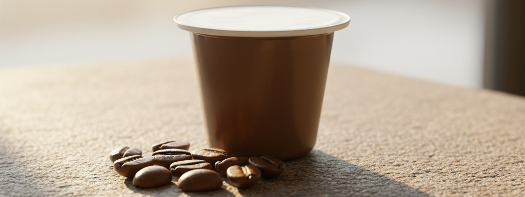 Compostable coffee pod Nespresso compatible, Fzin Coffee Ireland with coffee beans on a textured surface