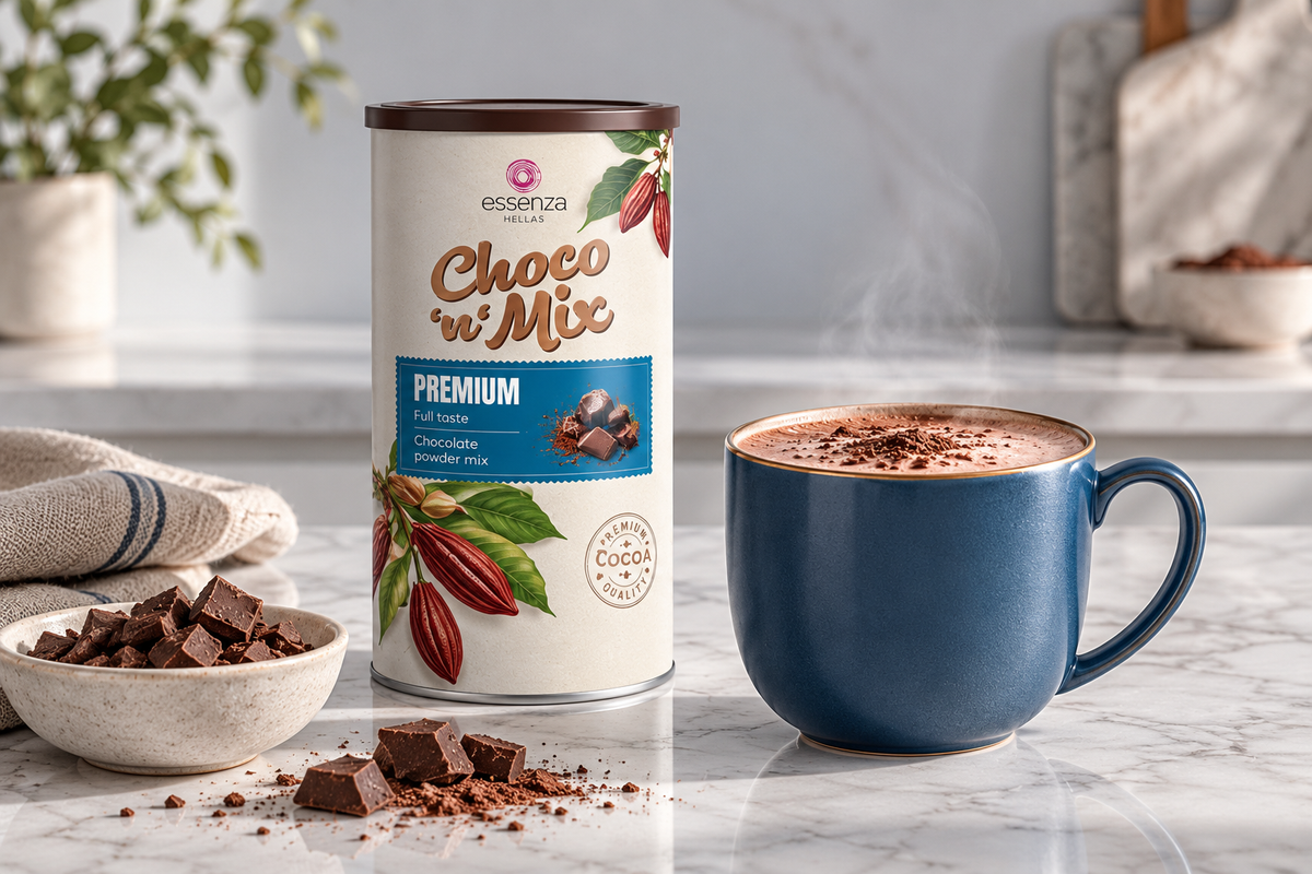 A canister of essenza Choco 'n' Mix Premium chocolate hot mix stands on a marble countertop beside a steaming blue mug filled with cocoa drink, with bowls of chocolate pieces and cocoa powder nearby. Buy online in Ireland. Fzin Coffee