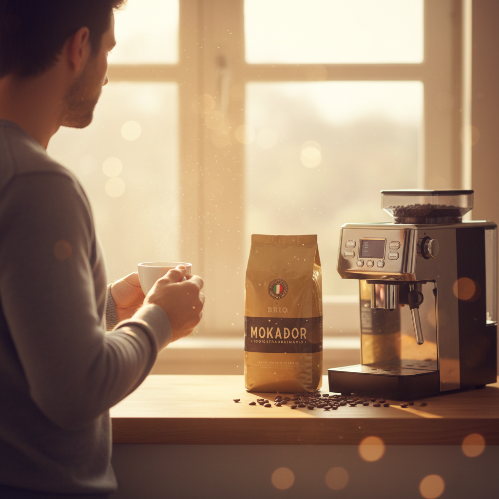 Man holding a coffee cup with a Brio coffee beans with a steaming cup of coffee on a wooden table Fzin Coffee.