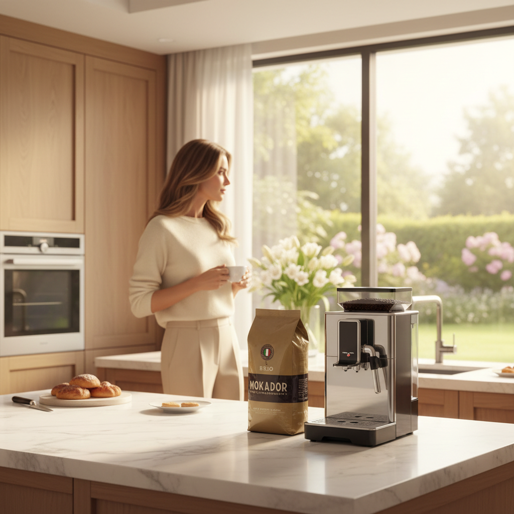 Woman in a kitchen with a coffee machine and Brion coffee beans Fzin Coffee