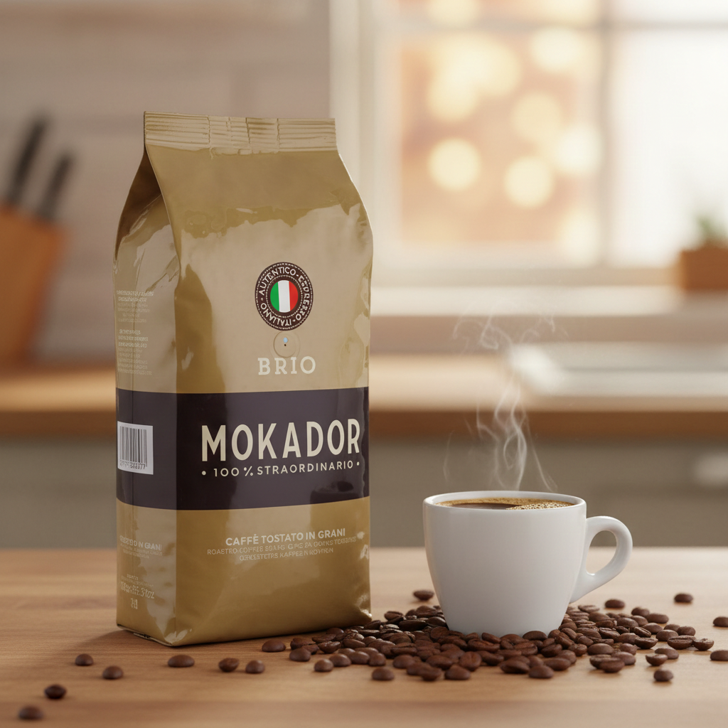 Brio coffee beans with a steaming cup of coffee on a wooden table Fzin Coffee