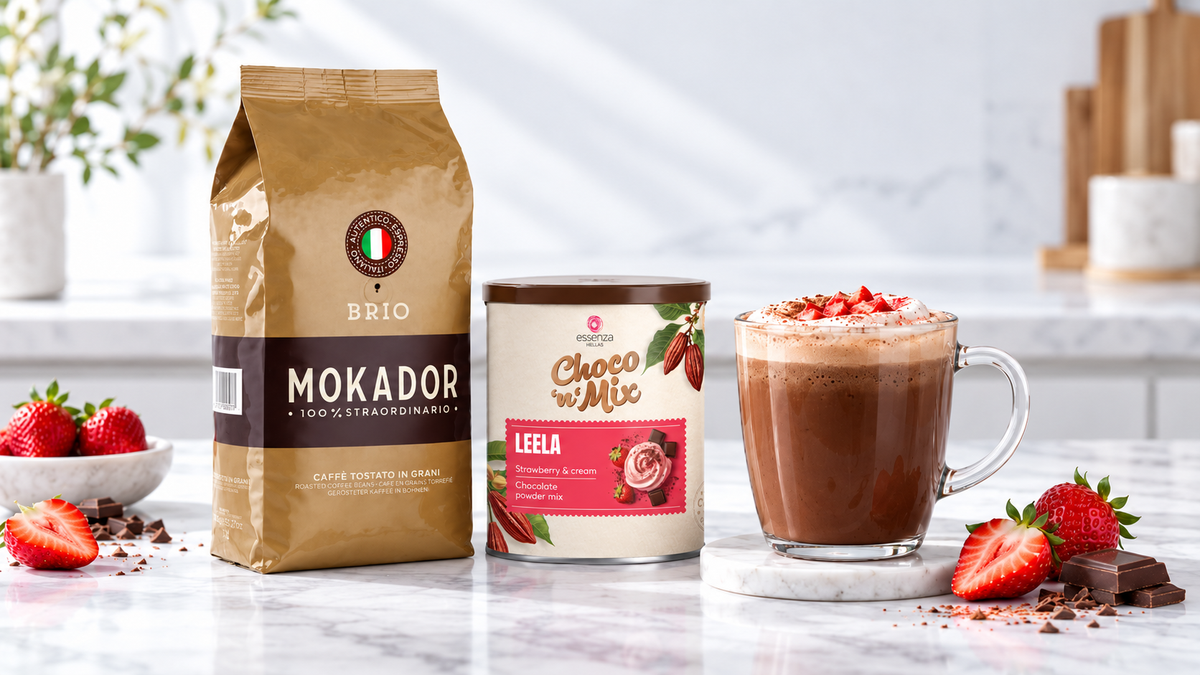 Brio Coffee Beans, a container of Strawberry and Cream hot chocolate mix, palm oil free and a glass mug filled with a hot chocolate drink topped with strawberries, with strawberries and chocolate pieces scattered around. A Strawberry and Cream hot chocolate, palm oil drink mix stands on a white marble surface next to a glass mug filled with chocolate milk, topped with whipped cream, Buy online in Ireland at Fzin Coffee