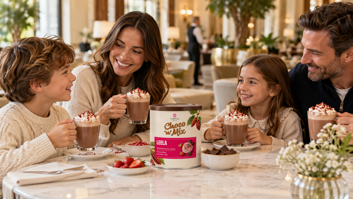 A family of four enjoys A Strawberry and Cream hot chocolate, palm oil drink mix stands on a white marble surface next to a glass mug filled with chocolate milk, topped with whipped cream, Buy online in Ireland at Fzin Coffee