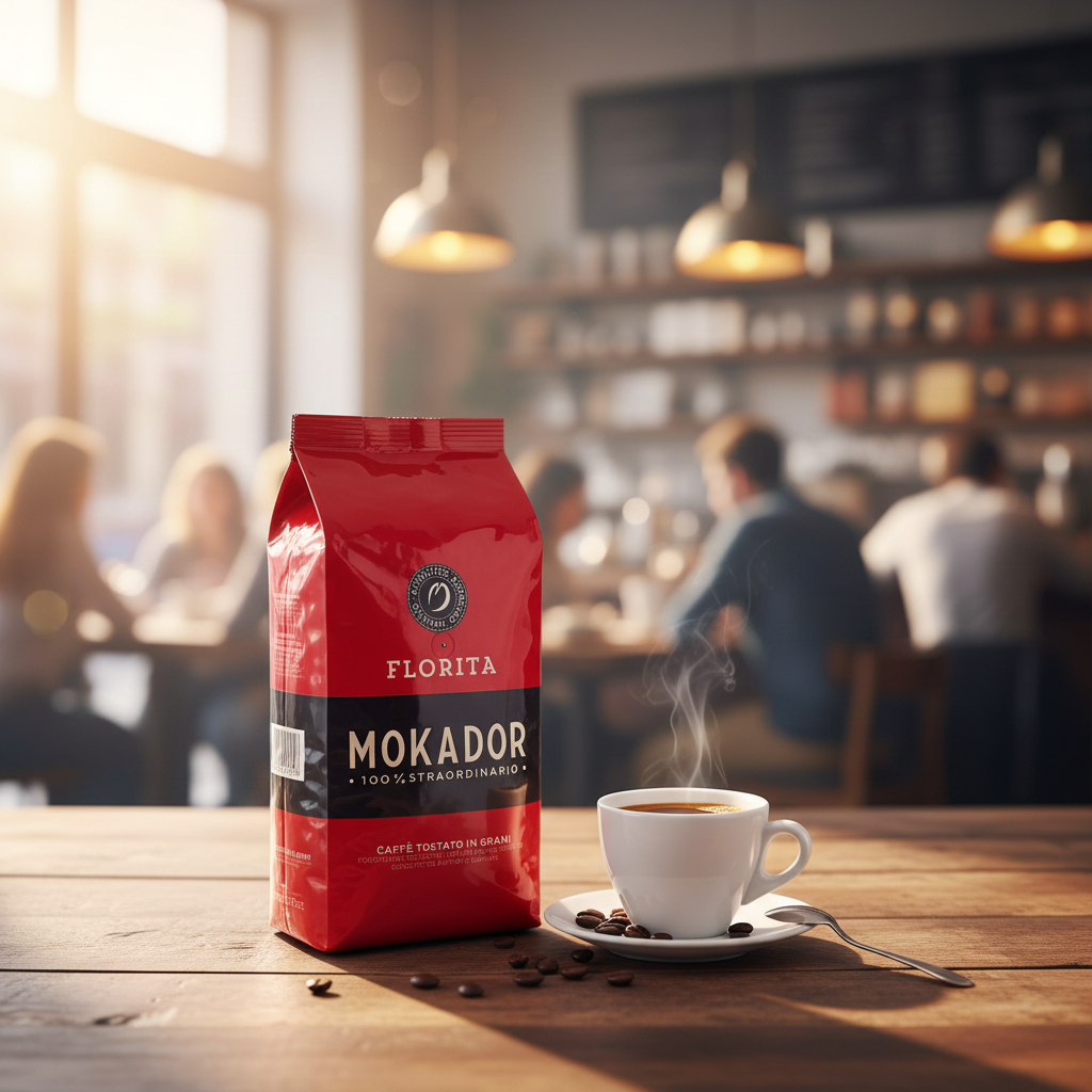 Red coffee bag labeled 'Florita Mokador' next to a steaming cup of coffee on a wooden table in a cozy cafe.