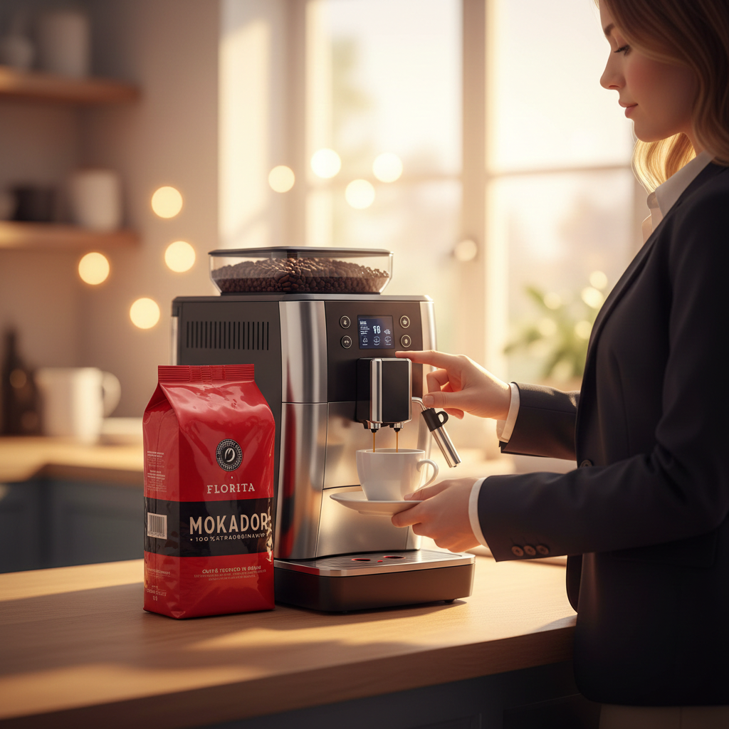 Person using a coffee machine with a bag of Mokador Florita coffee beans on a kitchen counter.