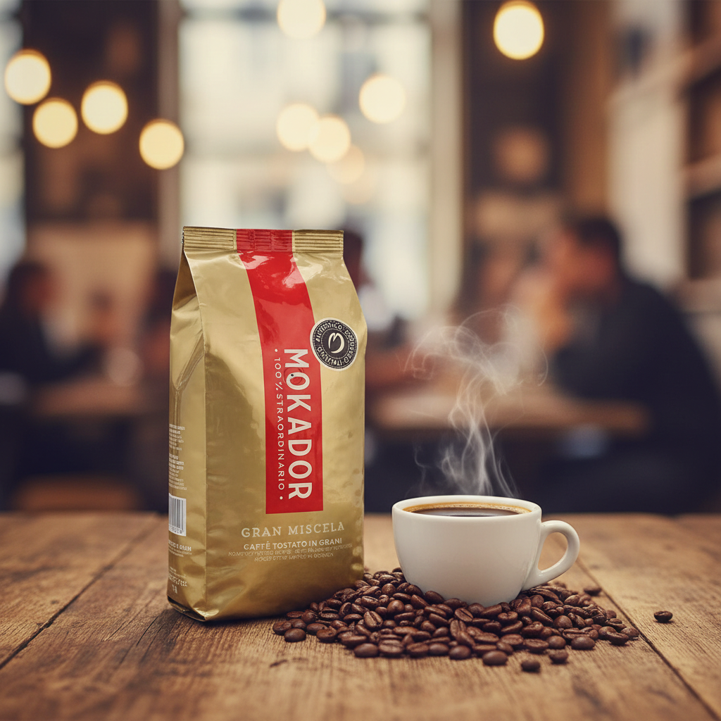 Gran Miscela coffee beans with a steaming cup of coffee on a wooden table in a blurred cafe setting Fzin Coffee