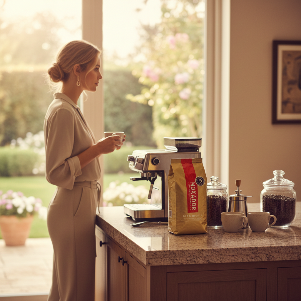Woman in a kitchen holding a coffee cup next to a coffee machine and Gran Miscela coffee beans Fzin Coffee