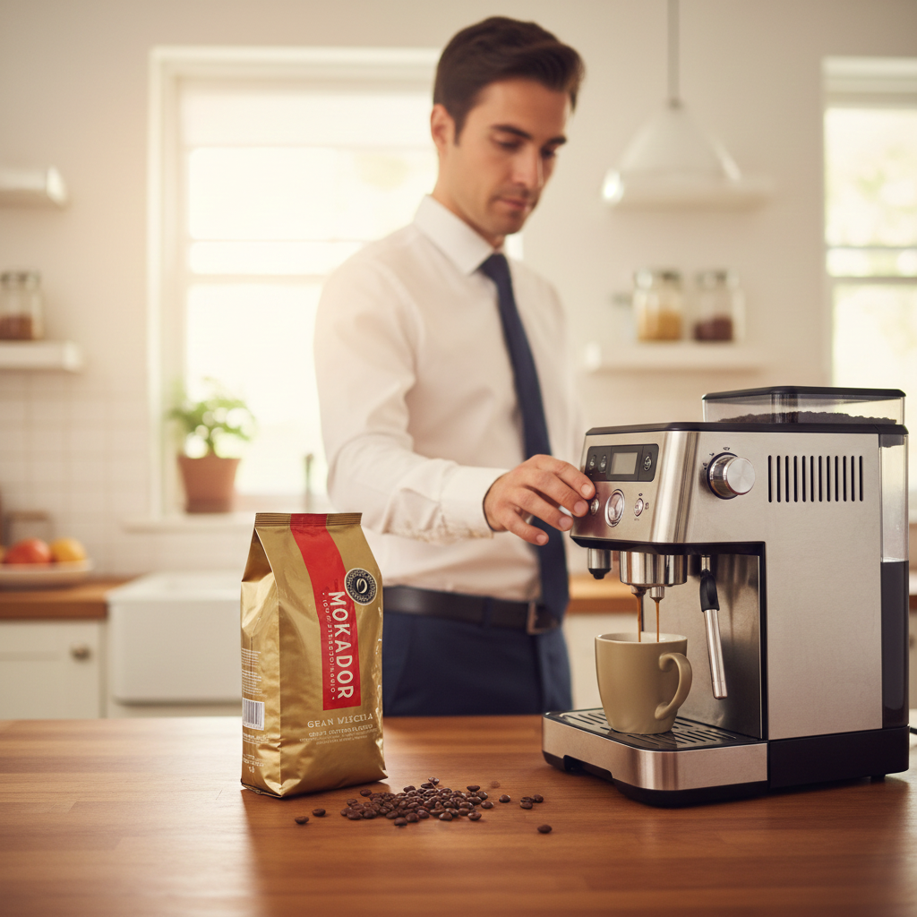 Gran Miscela coffee beans with a man brewing cup of coffee on a wooden table Fzin Coffee